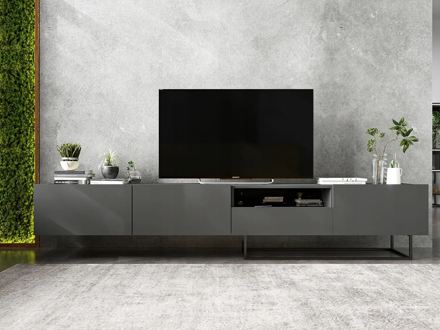 Móvel De Tv* Móvel de TV com 1 porta, nicho e gaveta – corpo Grafite fosco, frentes Grafite fosco – 120 cm, estrutura em metal preto Cinzento