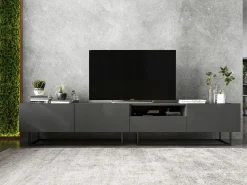 Móvel De Tv* Móvel de TV com 1 porta, nicho e gaveta – corpo Grafite fosco, frentes Grafite fosco – 120 cm, estrutura em metal preto Cinzento