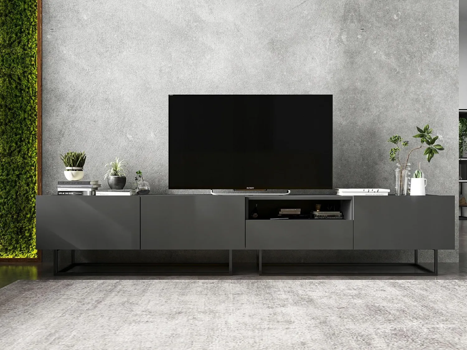 Móvel De Tv* Móvel de TV com 1 porta, nicho e gaveta – corpo Grafite fosco, frentes Grafite fosco – 120 cm, estrutura em metal preto Cinzento
