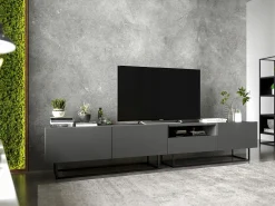 Móvel De Tv* Móvel de TV com 1 porta, nicho e gaveta – corpo Grafite fosco, frentes Grafite fosco – 120 cm, estrutura em metal preto Cinzento