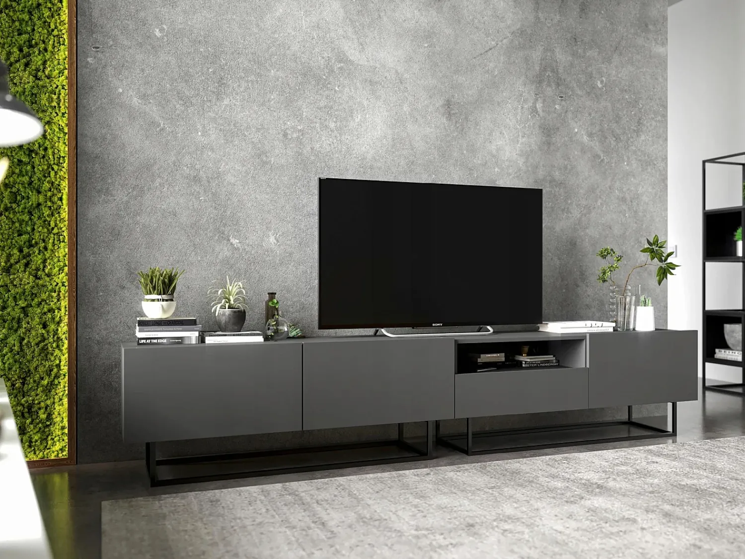 Móvel De Tv* Móvel de TV com 1 porta, nicho e gaveta – corpo Grafite fosco, frentes Grafite fosco – 120 cm, estrutura em metal preto Cinzento
