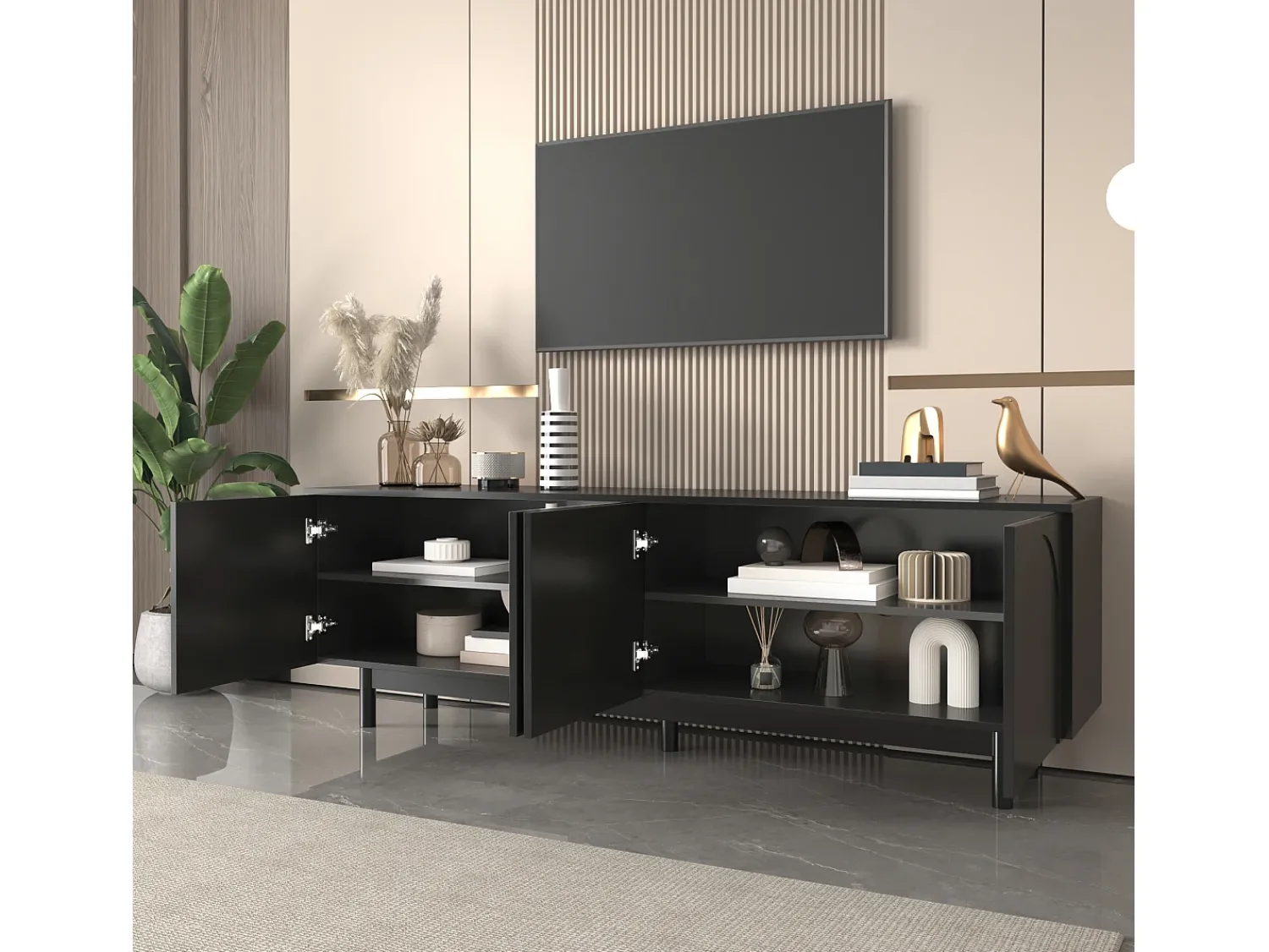 New Merax Móvel de TV com 4 portas - 175 x 38 x 56 cm - MDF e aglomerado - para sala - Preto
