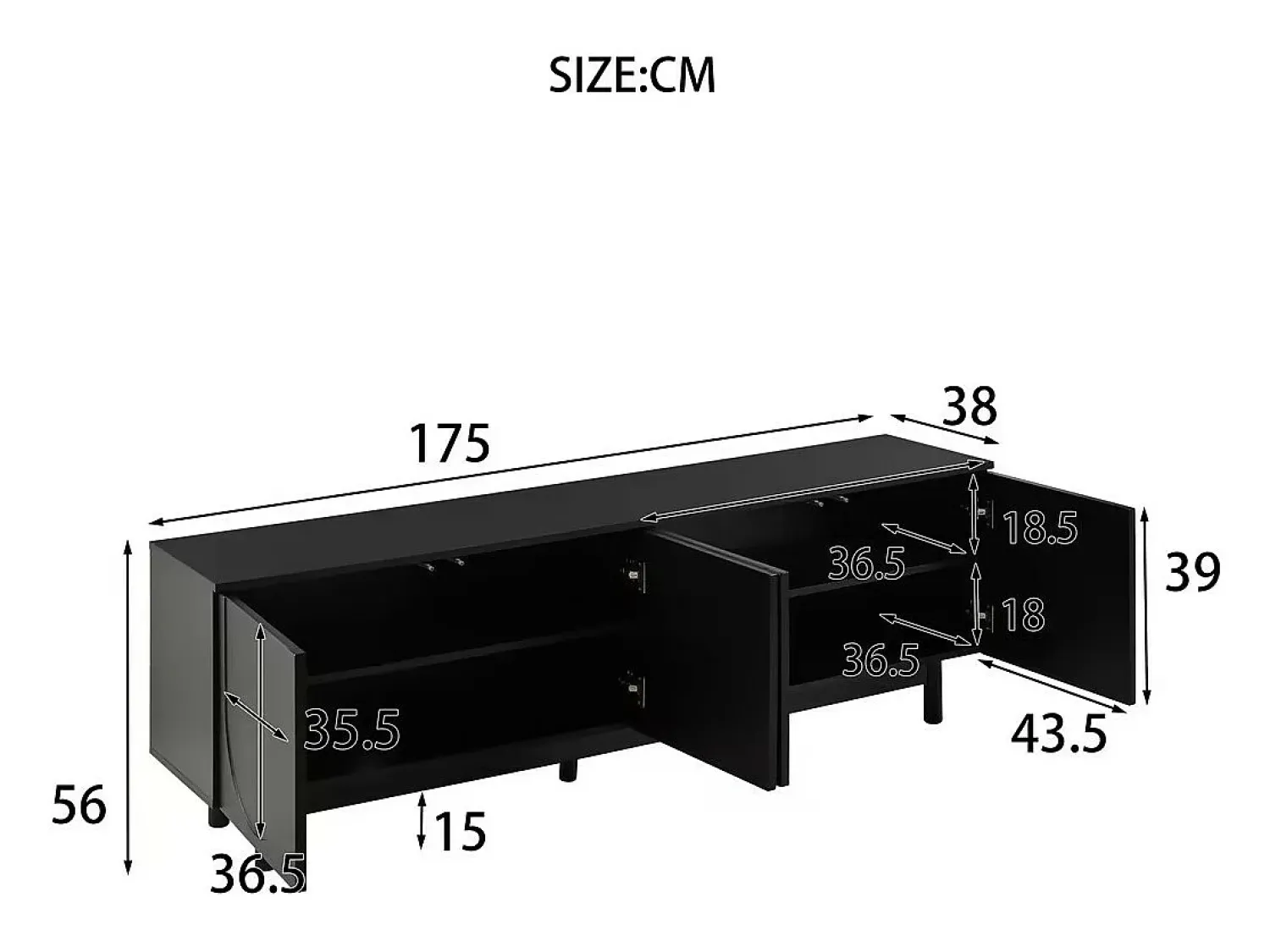 New Merax Móvel de TV com 4 portas - 175 x 38 x 56 cm - MDF e aglomerado - para sala - Preto
