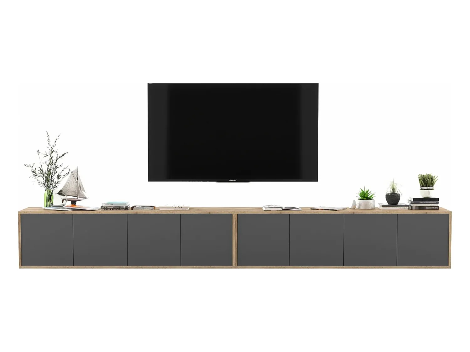 Móvel De Tv| Móvel de TV com 8 portas - corpo carvalho wotan frentes grafite mate - 300 cm Cinzento