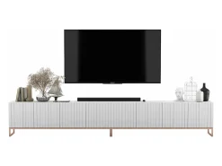 Móvel de TV com 8 portas – Corpo mate, frentes ranhuradas mate – 300 cm, estrutura metálica^ Móvel De Tv