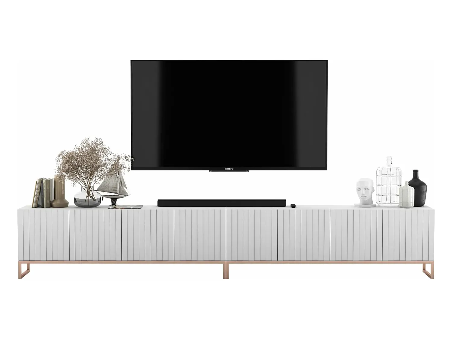 Móvel de TV com 8 portas – Corpo mate, frentes ranhuradas mate – 300 cm, estrutura metálica^ Móvel De Tv
