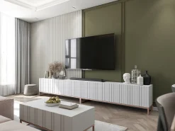 Móvel de TV com 8 portas – Corpo mate, frentes ranhuradas mate – 300 cm, estrutura metálica^ Móvel De Tv