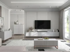 Móvel de TV com 8 portas – Corpo mate, frentes ranhuradas mate – 300 cm, estrutura metálica^ Móvel De Tv