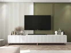 Móvel de TV com 8 portas – Corpo mate, frentes ranhuradas mate – 300 cm, estrutura metálica^ Móvel De Tv