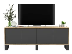 Móvel de TV com 4 portas - corpo carvalho wotan frentes grafite mate - 150 cm, pés de metal^ Móvel De Tv