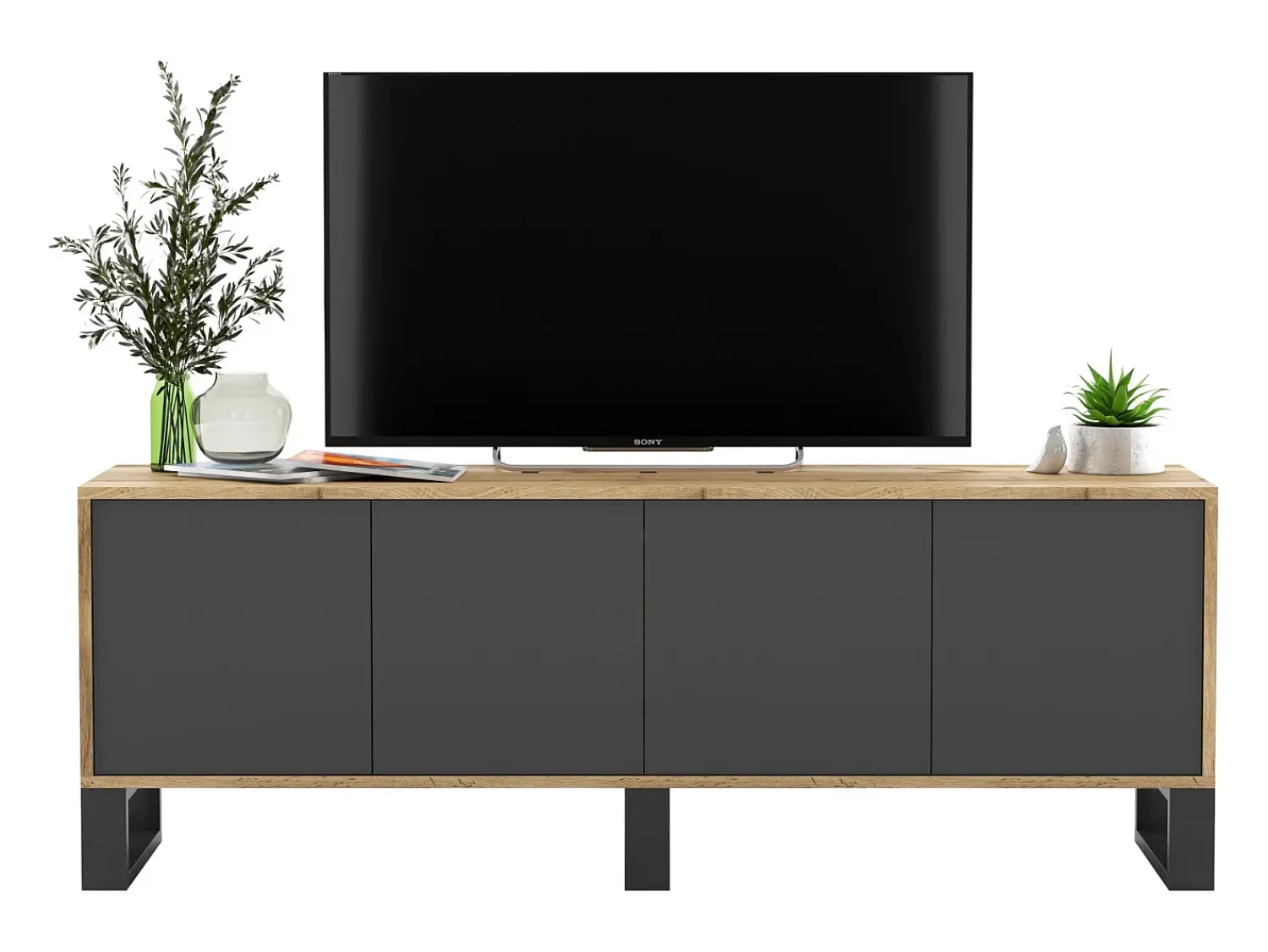Móvel de TV com 4 portas - corpo carvalho wotan frentes grafite mate - 150 cm, pés de metal^ Móvel De Tv
