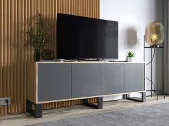 Móvel de TV com 4 portas - corpo carvalho wotan frentes grafite mate - 150 cm, pés de metal^ Móvel De Tv