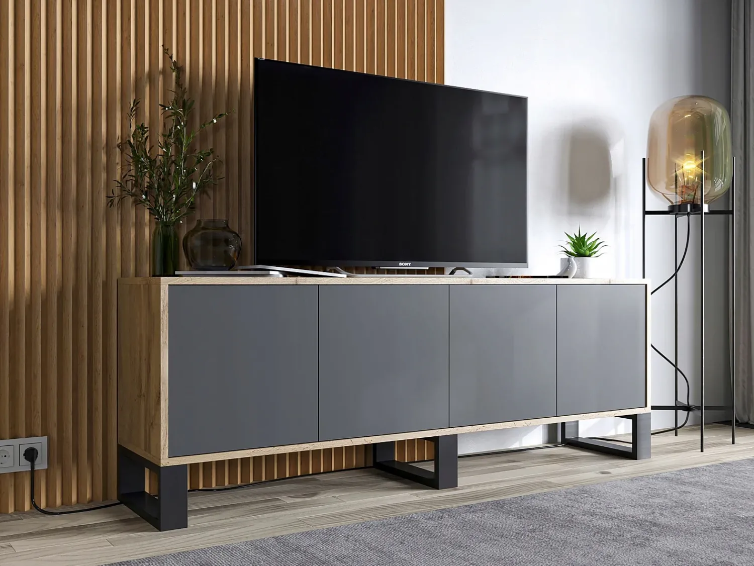 Móvel de TV com 4 portas - corpo carvalho wotan frentes grafite mate - 150 cm, pés de metal^ Móvel De Tv