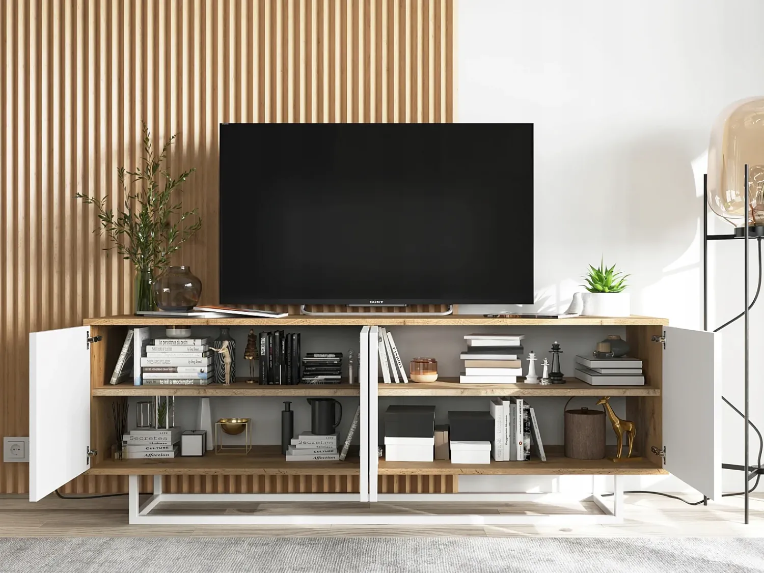 Discount Móvel de TV com 4 portas - corpo carvalho wotan, frentes mate - 150 cm, estrutura metálica Branco