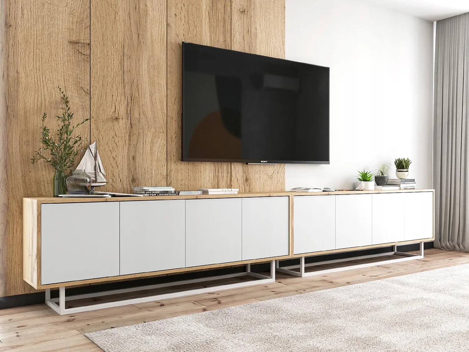 Discount Móvel de TV com 4 portas - corpo carvalho wotan, frentes mate - 150 cm, estrutura metálica Branco