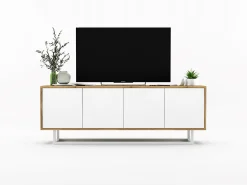 Discount Móvel de TV com 4 portas - corpo carvalho wotan, frentes mate - 150 cm, estrutura metálica Branco