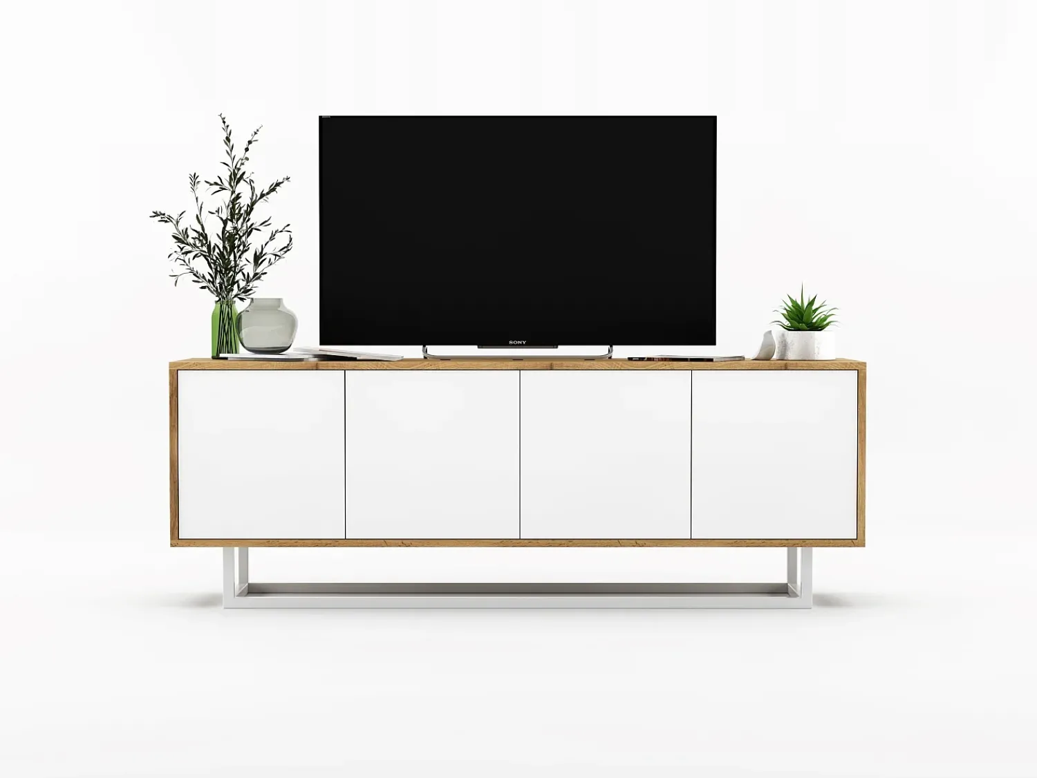 Discount Móvel de TV com 4 portas - corpo carvalho wotan, frentes mate - 150 cm, estrutura metálica Branco