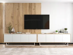 Discount Móvel de TV com 4 portas - corpo carvalho wotan, frentes mate - 150 cm, estrutura metálica Branco