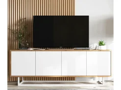 Discount Móvel de TV com 4 portas - corpo carvalho wotan, frentes mate - 150 cm, estrutura metálica Branco