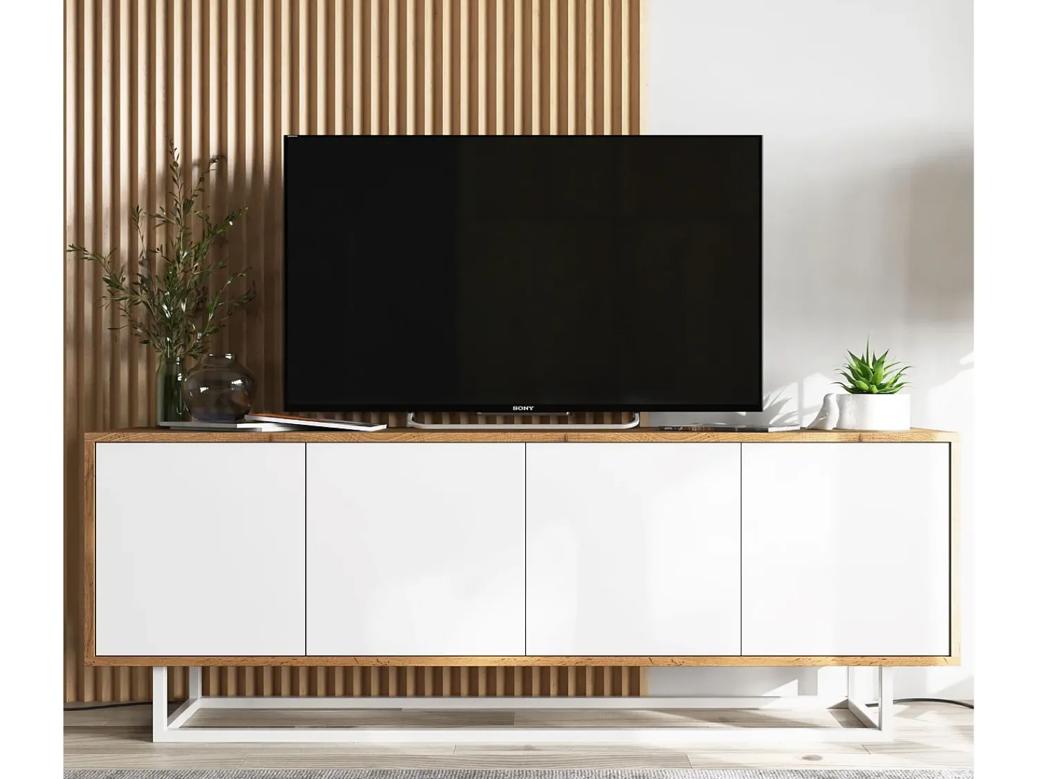 Discount Móvel de TV com 4 portas - corpo carvalho wotan, frentes mate - 150 cm, estrutura metálica Branco