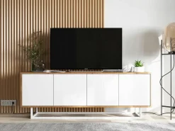 Discount Móvel de TV com 4 portas - corpo carvalho wotan, frentes mate - 150 cm, estrutura metálica Branco