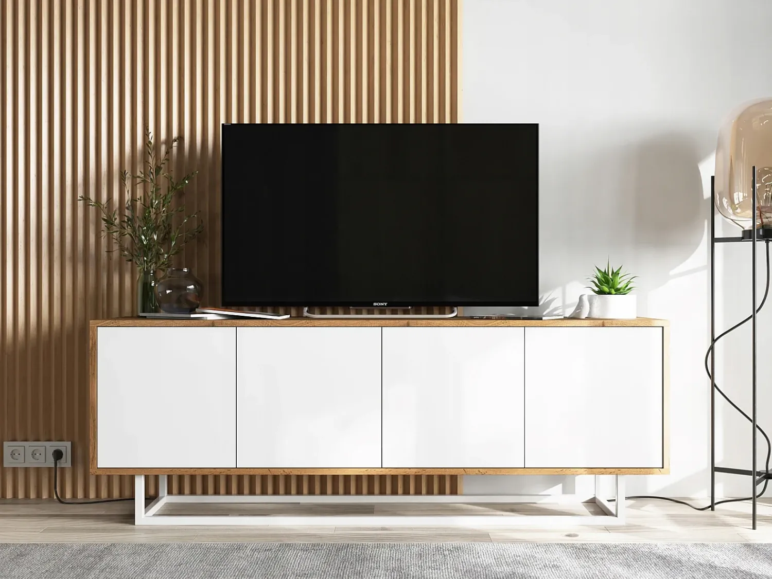 Discount Móvel de TV com 4 portas - corpo carvalho wotan, frentes mate - 150 cm, estrutura metálica Branco