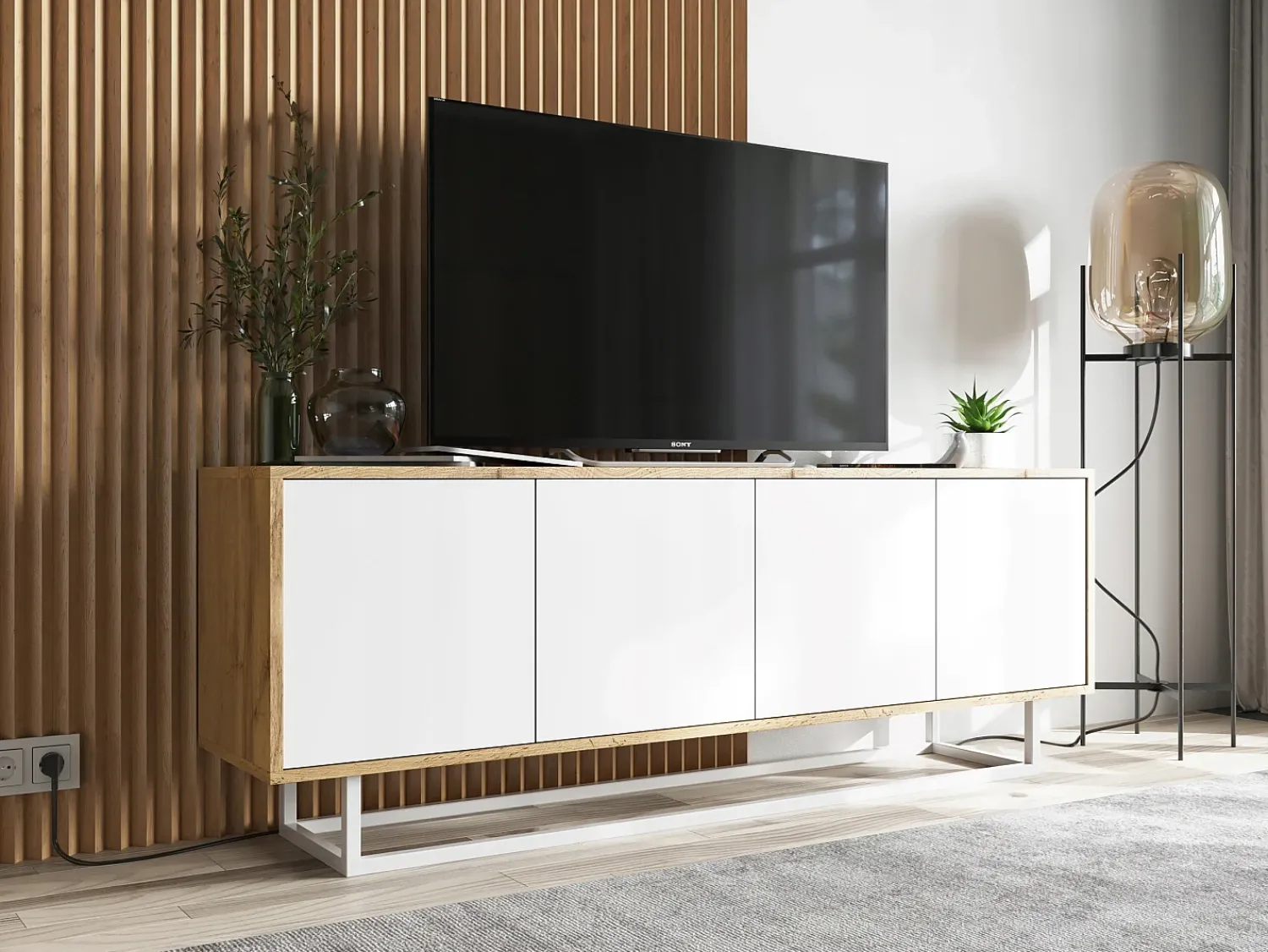 Discount Móvel de TV com 4 portas - corpo carvalho wotan, frentes mate - 150 cm, estrutura metálica Branco