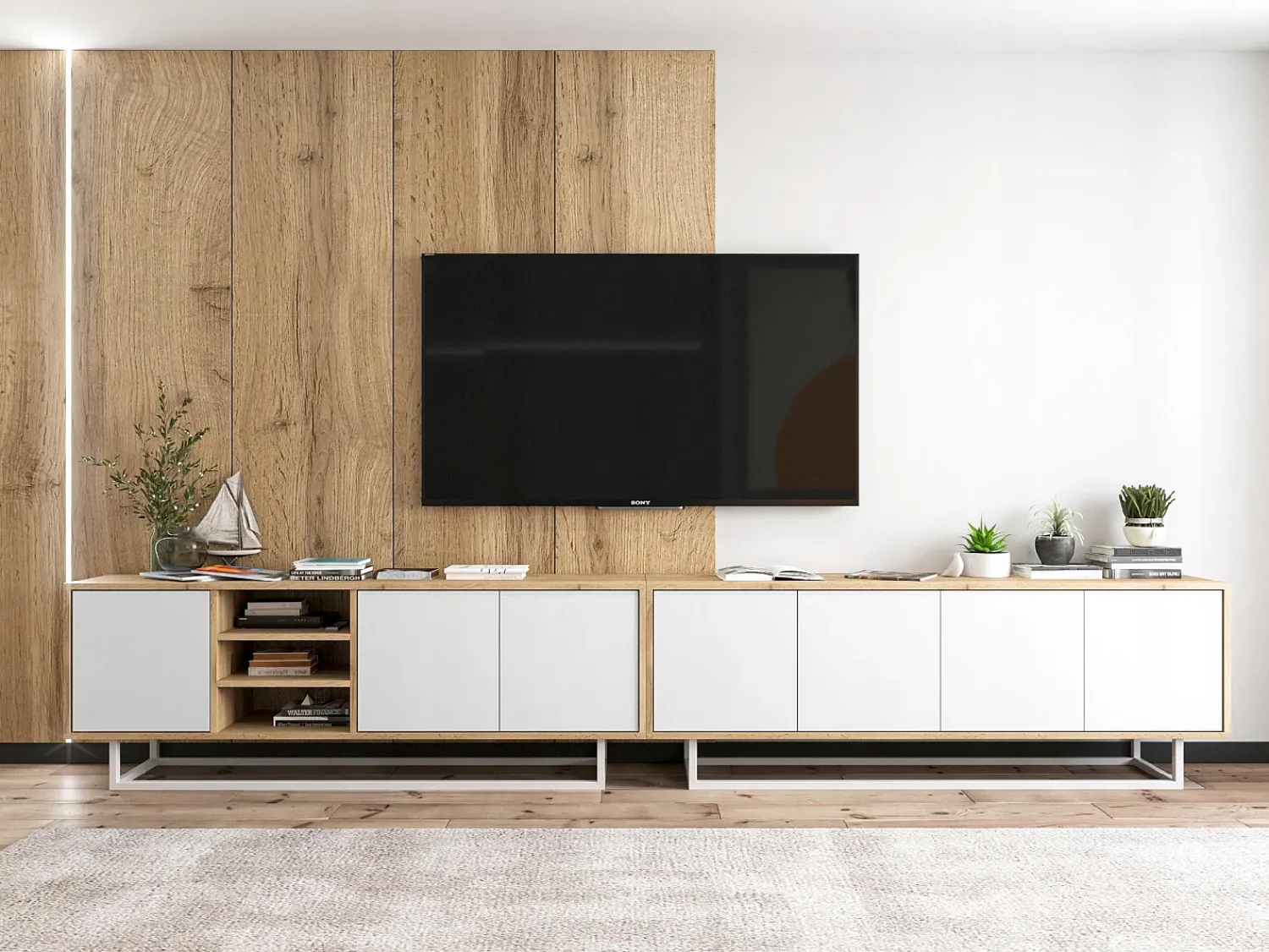Discount Móvel de TV com 4 portas - corpo carvalho wotan, frentes mate - 150 cm, estrutura metálica Branco