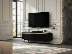 Móvel De Tv* Móvel de TV com 2 portas - Corpo mate, frentes ranhuradas mate - Estrutura em metal , 140 cm Preto
