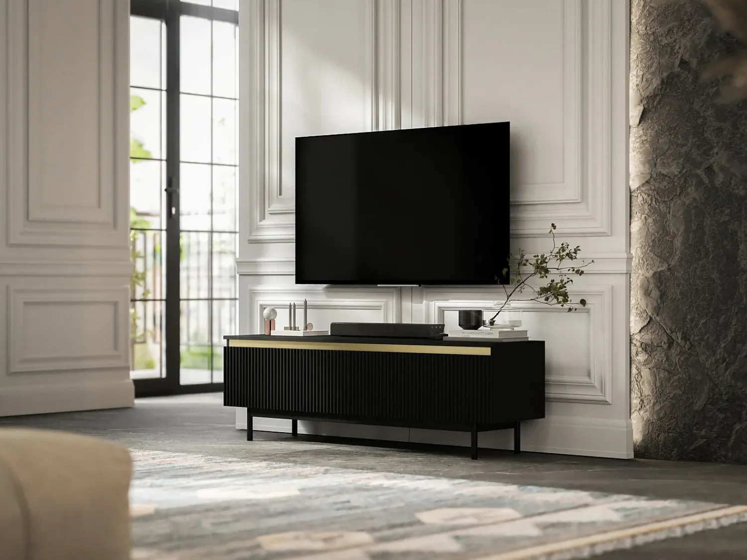 Móvel De Tv* Móvel de TV com 2 portas - Corpo mate, frentes ranhuradas mate - Estrutura em metal , 140 cm Preto