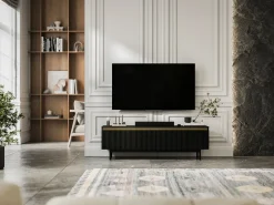 Móvel De Tv* Móvel de TV com 2 portas - Corpo mate, frentes ranhuradas mate - Estrutura em metal , 140 cm Preto