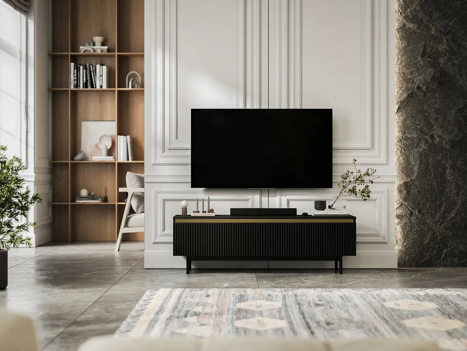 Móvel De Tv* Móvel de TV com 2 portas - Corpo mate, frentes ranhuradas mate - Estrutura em metal , 140 cm Preto