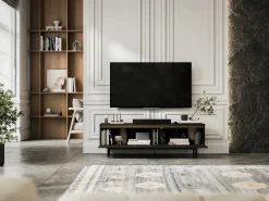 Móvel De Tv* Móvel de TV com 2 portas - Corpo mate, frentes ranhuradas mate - Estrutura em metal , 140 cm Preto