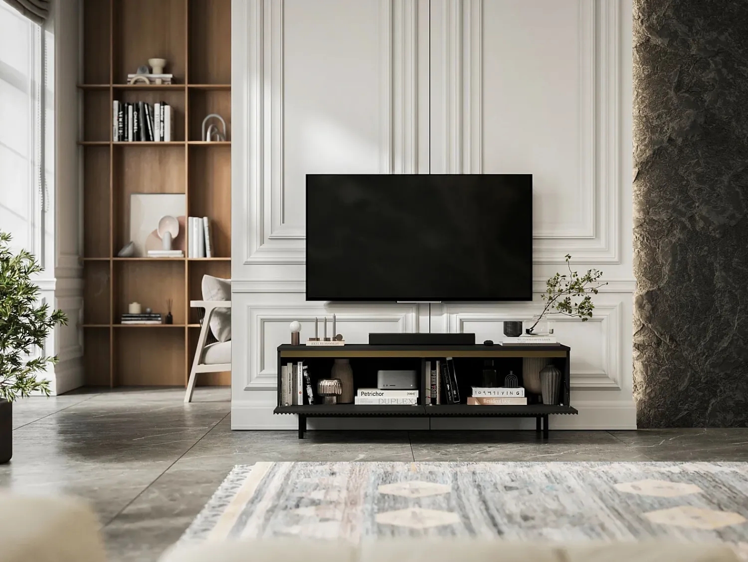 Móvel De Tv* Móvel de TV com 2 portas - Corpo mate, frentes ranhuradas mate - Estrutura em metal , 140 cm Preto