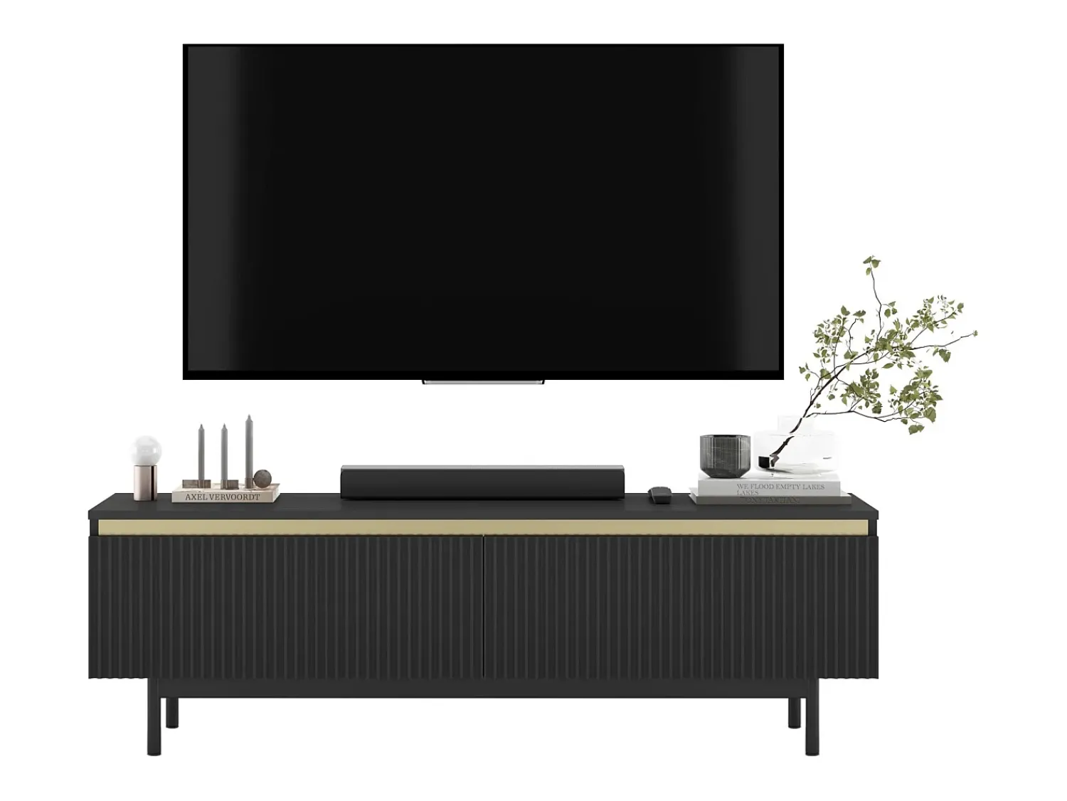 Móvel De Tv* Móvel de TV com 2 portas - Corpo mate, frentes ranhuradas mate - Estrutura em metal , 140 cm Preto