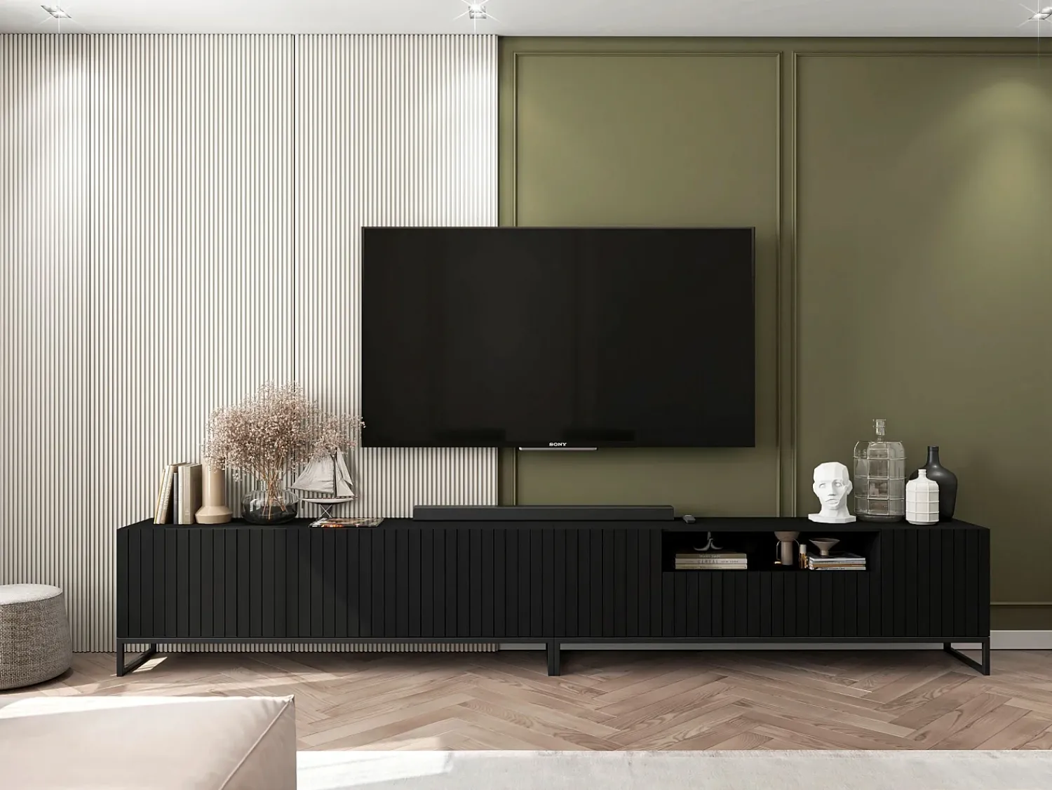 Móvel de TV com 4 portas – Corpo mate, frentes caneladas mate – 150 cm, estrutura em metal^ Móvel De Tv