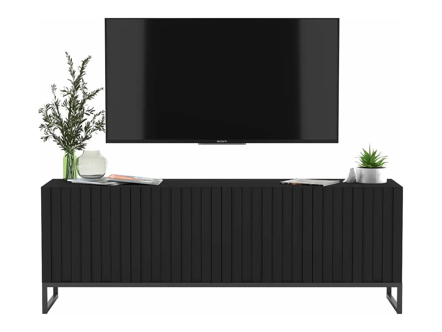 Móvel de TV com 4 portas – Corpo mate, frentes caneladas mate – 150 cm, estrutura em metal^ Móvel De Tv