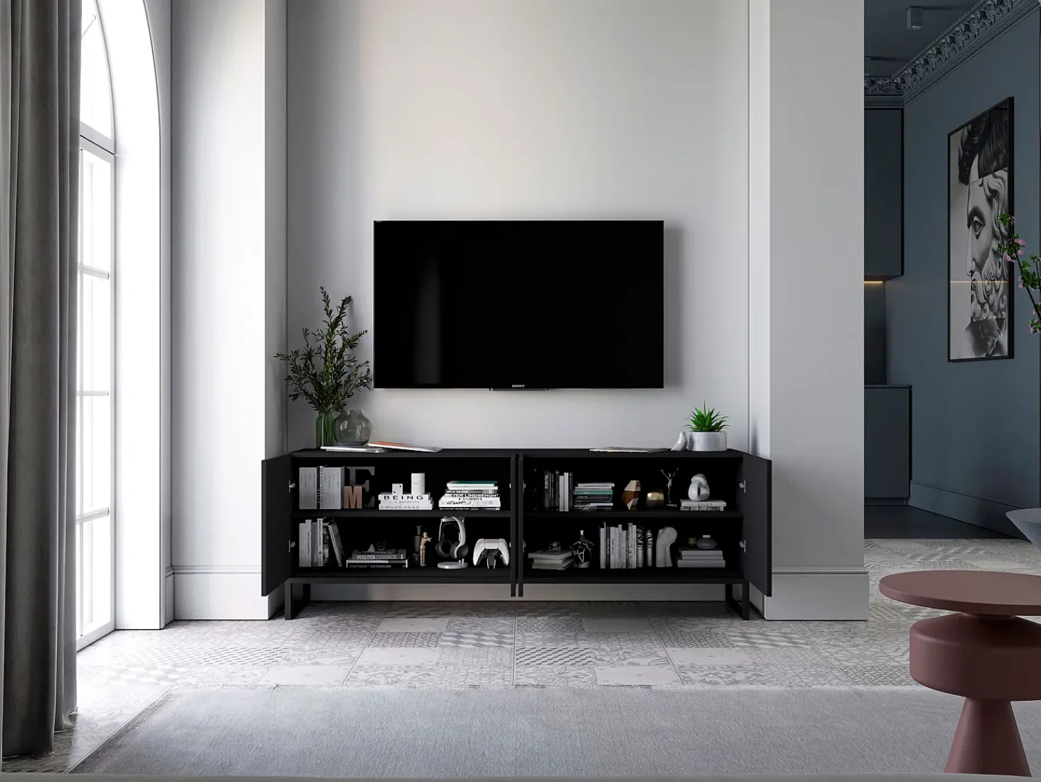 Móvel de TV com 4 portas – Corpo mate, frentes caneladas mate – 150 cm, estrutura em metal^ Móvel De Tv