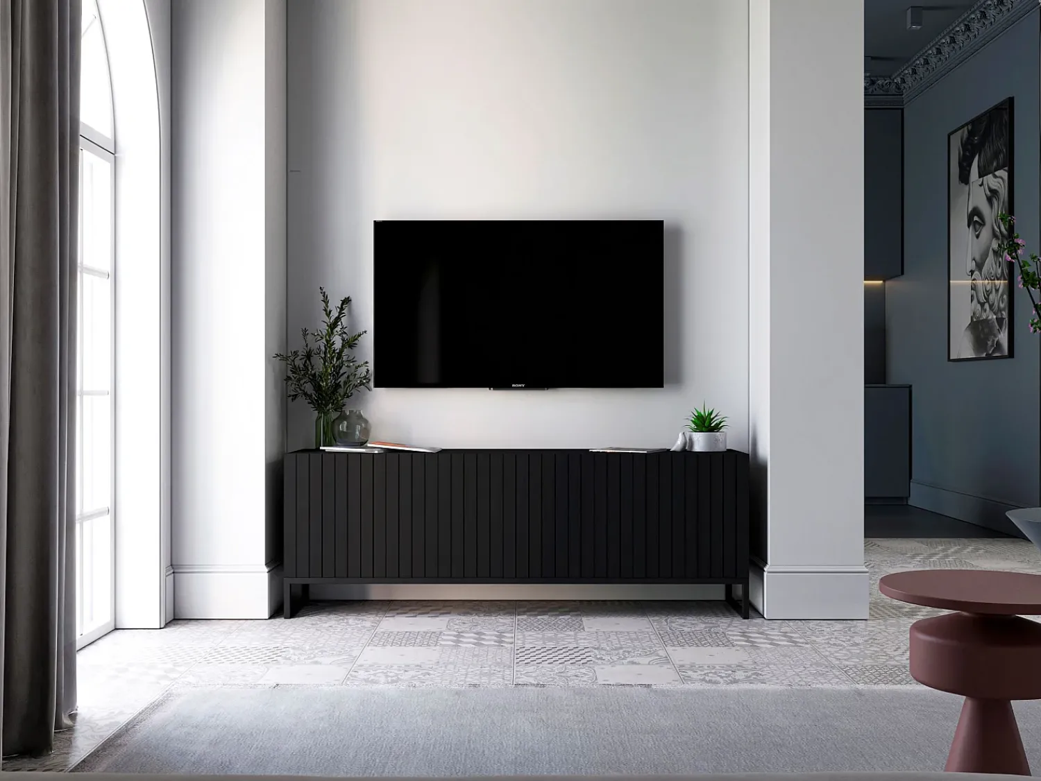 Móvel de TV com 4 portas – Corpo mate, frentes caneladas mate – 150 cm, estrutura em metal^ Móvel De Tv