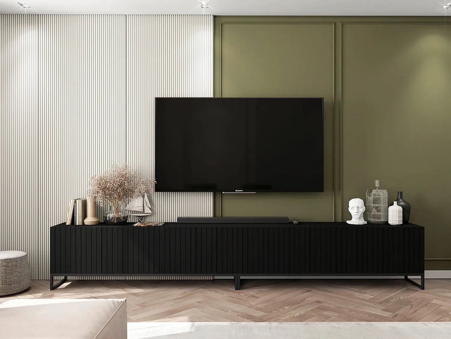 Móvel de TV com 4 portas – Corpo mate, frentes caneladas mate – 150 cm, estrutura em metal^ Móvel De Tv