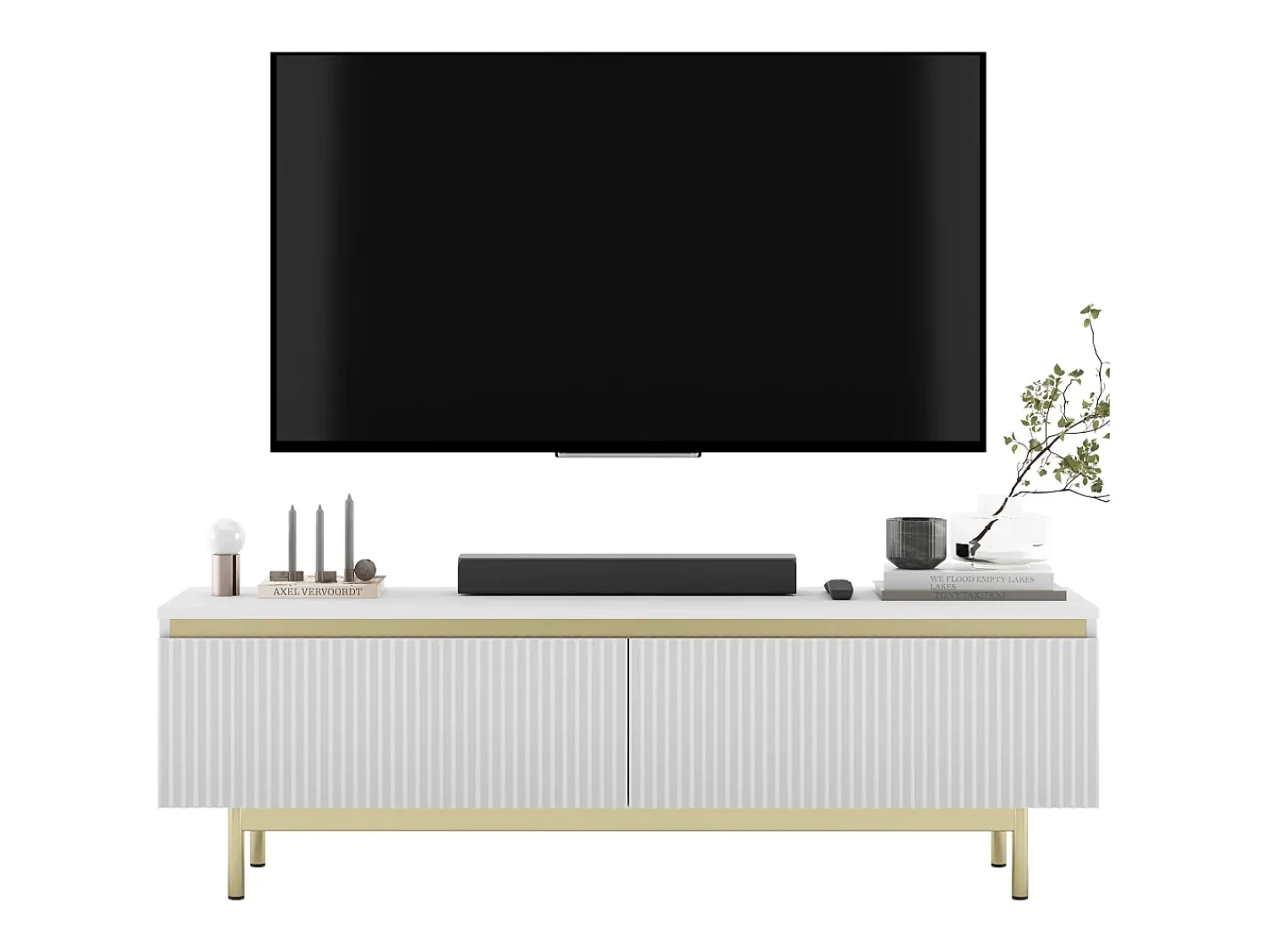 Móvel De Tv* Móvel de TV com 2 portas - Corpo mate, frentes ranhuradas mate - Estrutura em metal dourado, 140 cm Branco