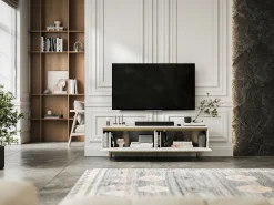 Móvel De Tv* Móvel de TV com 2 portas - Corpo mate, frentes ranhuradas mate - Estrutura em metal dourado, 140 cm Branco