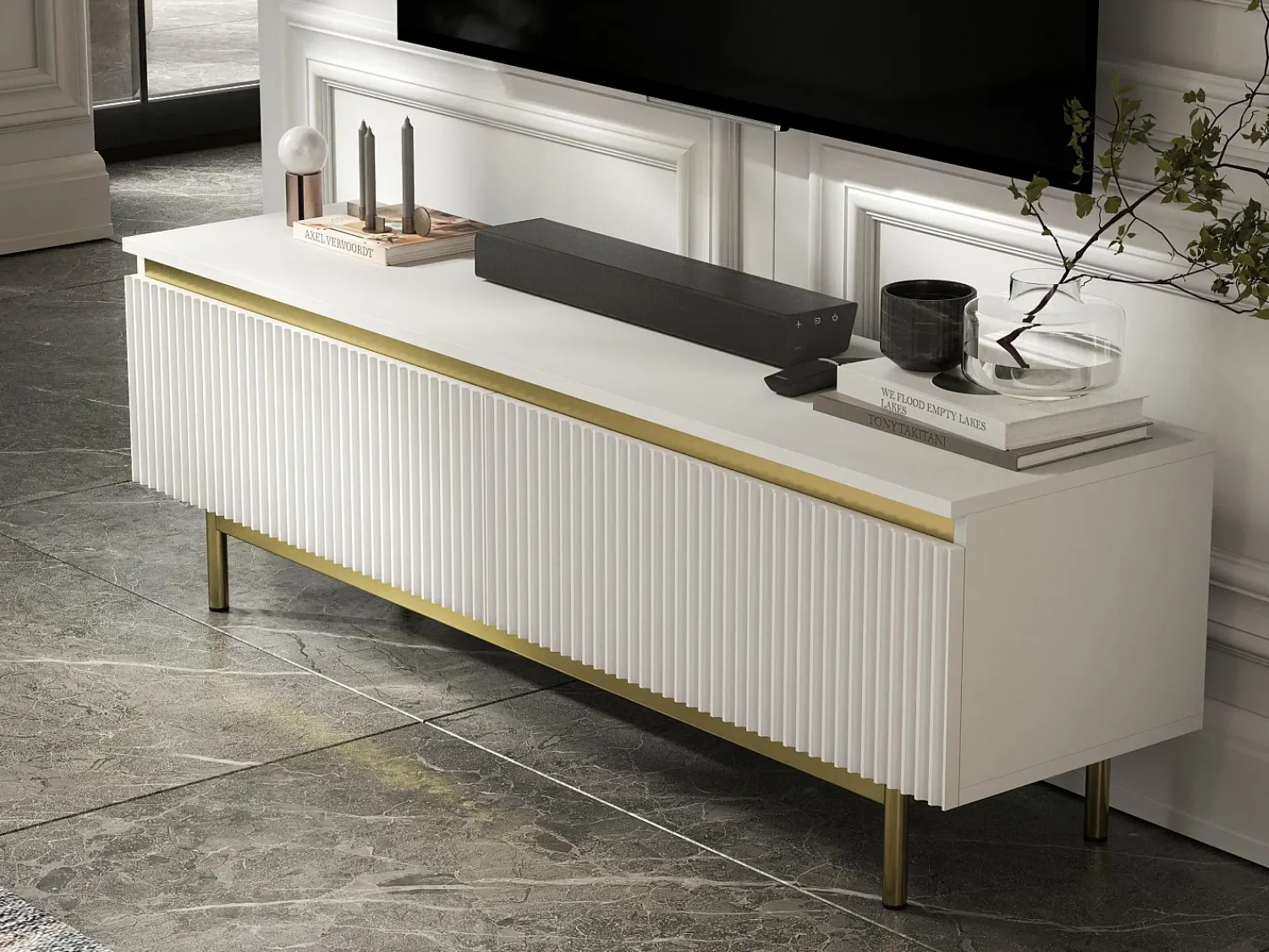 Móvel De Tv* Móvel de TV com 2 portas - Corpo mate, frentes ranhuradas mate - Estrutura em metal dourado, 140 cm Branco