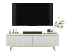 Móvel De Tv* Móvel de TV com 2 portas - Corpo mate, frentes ranhuradas mate - Estrutura em metal dourado, 140 cm Branco