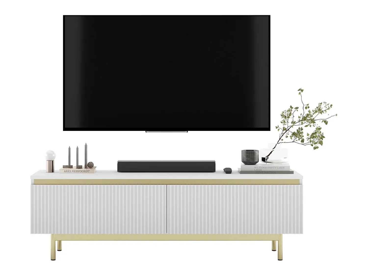 Móvel De Tv* Móvel de TV com 2 portas - Corpo mate, frentes ranhuradas mate - Estrutura em metal dourado, 140 cm Branco