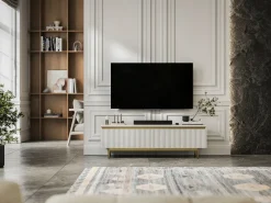 Móvel De Tv* Móvel de TV com 2 portas - Corpo mate, frentes ranhuradas mate - Estrutura em metal dourado, 140 cm Branco