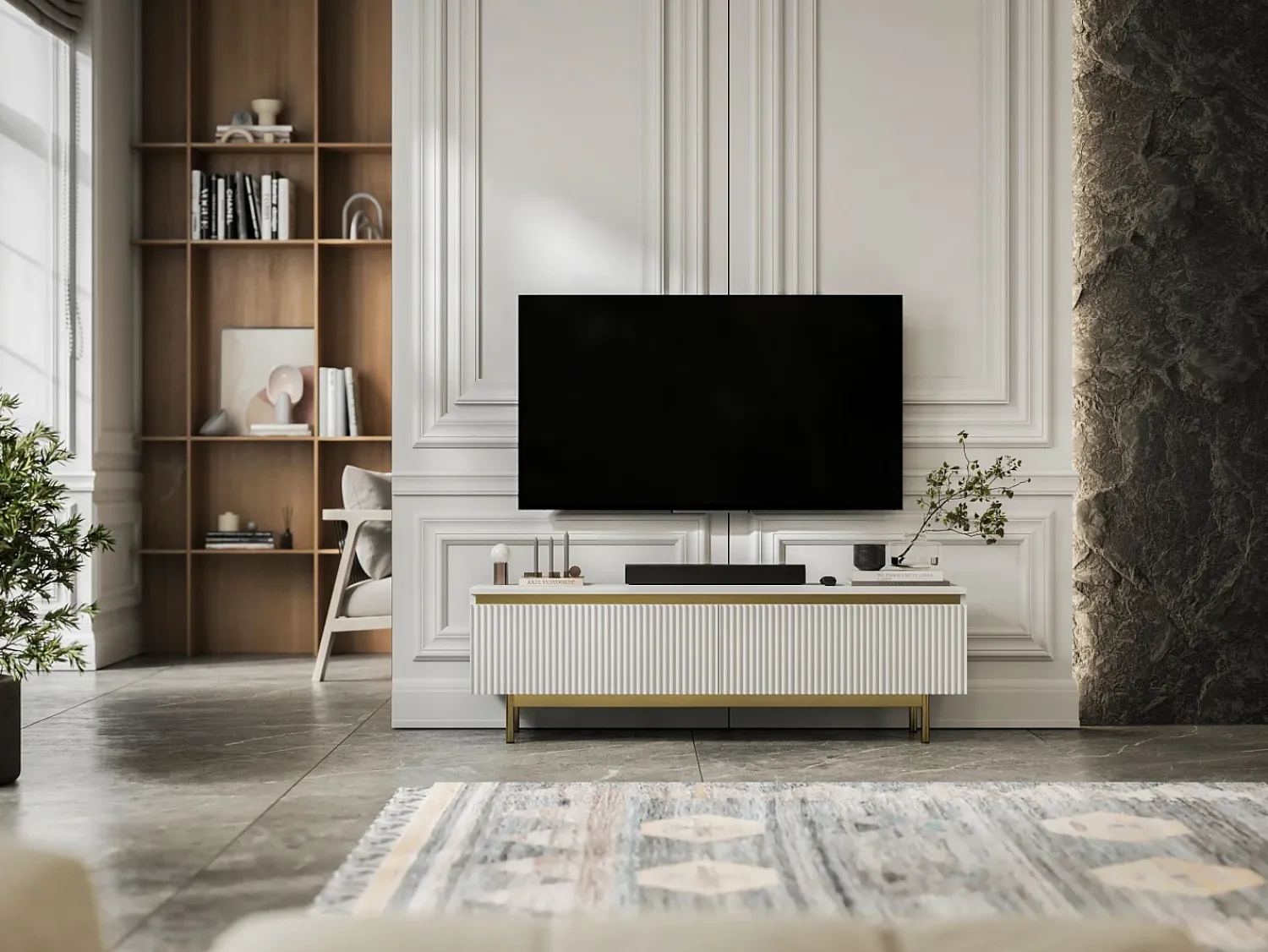 Móvel De Tv* Móvel de TV com 2 portas - Corpo mate, frentes ranhuradas mate - Estrutura em metal dourado, 140 cm Branco