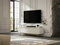 Móvel De Tv* Móvel de TV com 2 portas - Corpo mate, frentes ranhuradas mate - Estrutura em metal dourado, 140 cm Branco