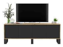 Móvel De Tv| Móvel de TV com 4 portas - corpo carvalho wotan frentes mate - 150 cm, pés de metal Preto