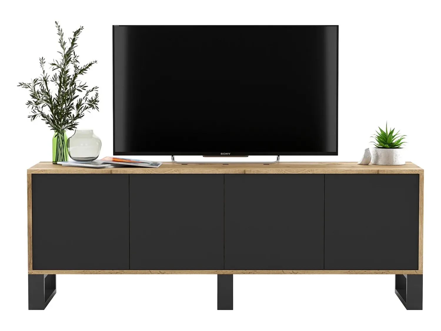 Móvel De Tv| Móvel de TV com 4 portas - corpo carvalho wotan frentes mate - 150 cm, pés de metal Preto